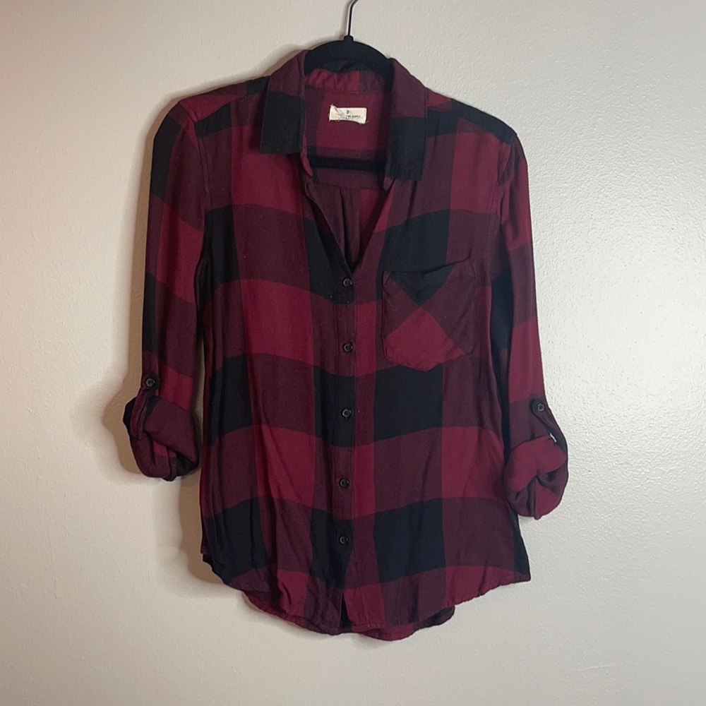 Thread & Supply Burgundy & Black Plaid Button Up Shirt